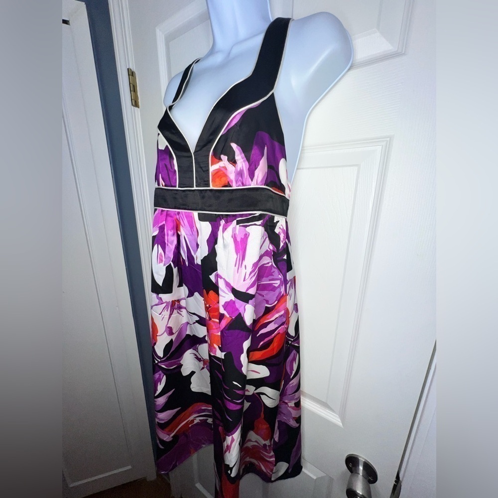 Vtg Banana Republic Petites 8 Black Purple Floral 100% Silk Mini Dress 8P - Picture 6 of 15